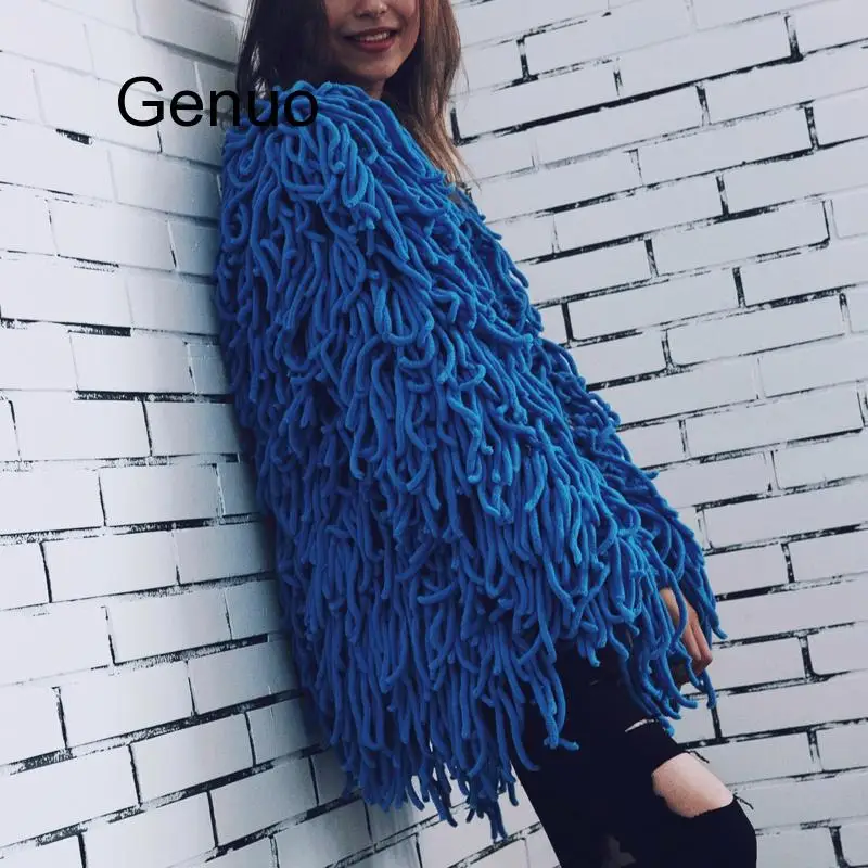 

Warm Knitting Shaggy Jacket Coat Women Sweater Soft Black Female Overcoat Autumn Winter Hairy Faux Fur Coat Cardigan