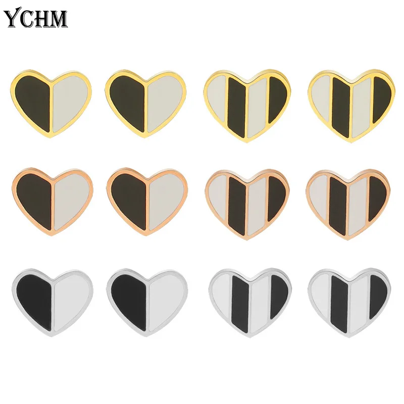 

Tiny Heart Earrings for Women Stainless Steel Earring Studs Black and White Dripping Oil Charm Set Earings Fashion Jewelry 2021