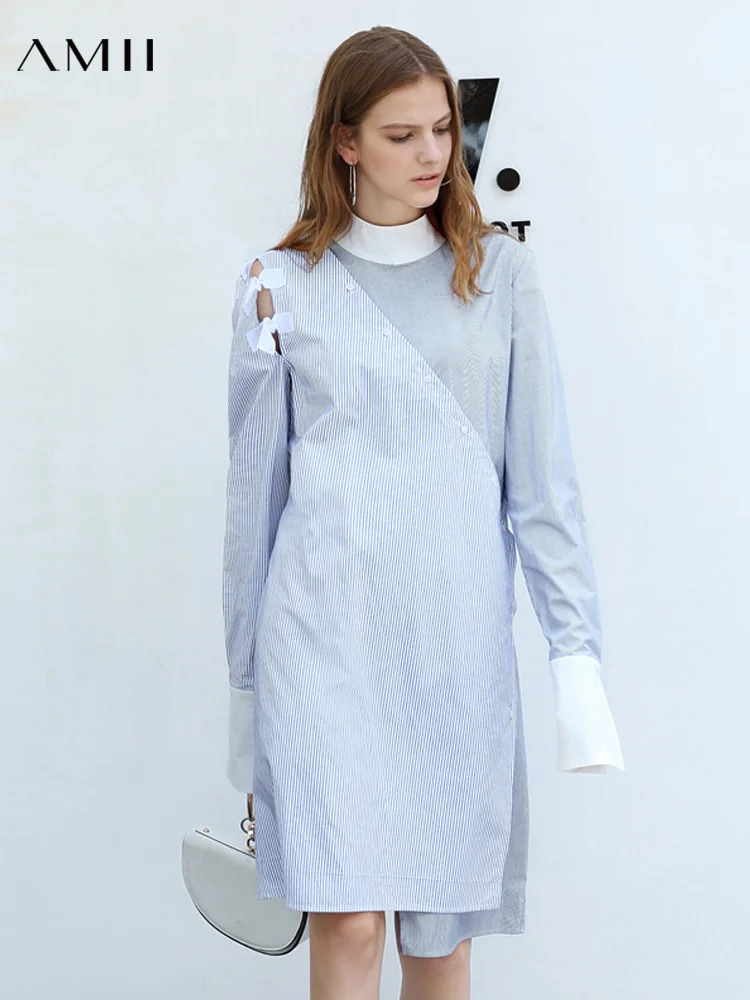 

Amii Minimalist Stripe Patchwork Dress Autumn Women Loose Half-high Collar Female Mid Long Dresses 11830085