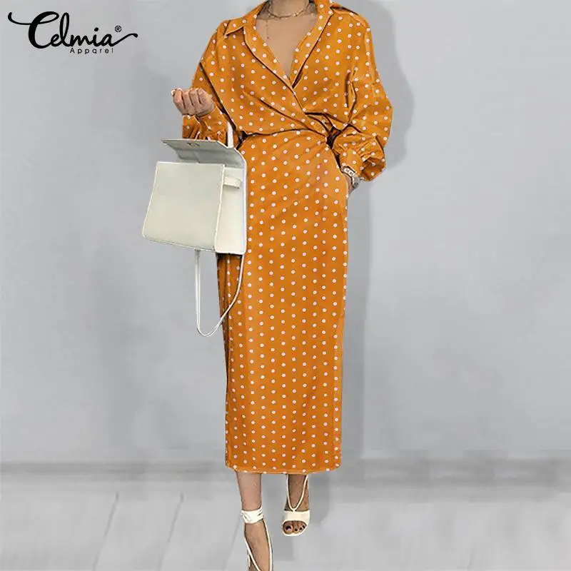 

Women Autumn Long Shirt Dress Celmia 2021 Fashin Polka Dot Long Bat Sleeve Midi Vestidos Casual Loose V Neck Holiday Robe Longue