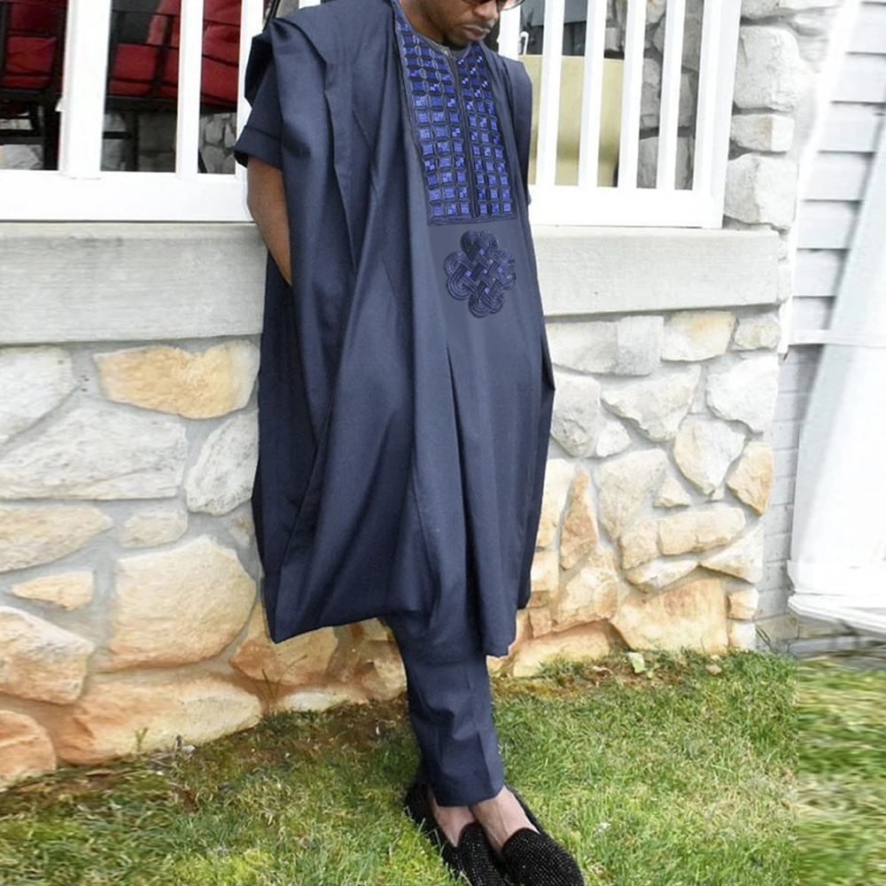 

Мужская одежда с вышивкой H & D, без шапки, Дашики, топ, рубашка, брюки, комплект из 3 предметов, традиционный Африканский мужской официальный н...