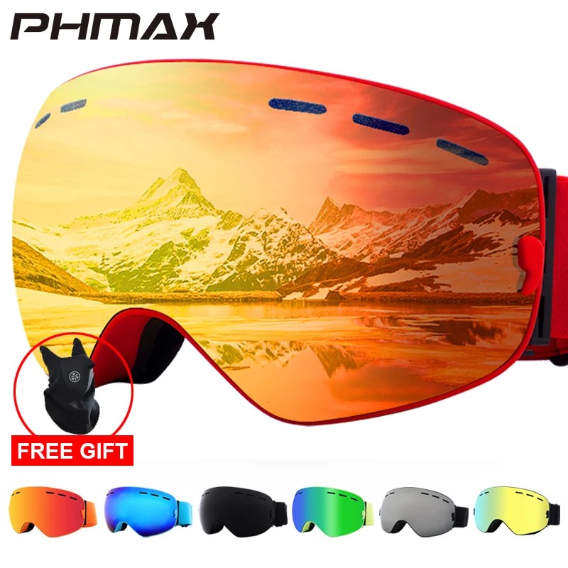 PHMAX лыжные очки с лыжной маской для мужчин и женщин, очки для сноуборда, очки для катания на лыжах с защитой от уф400 лучей, противотуманные снежные лыжные очки