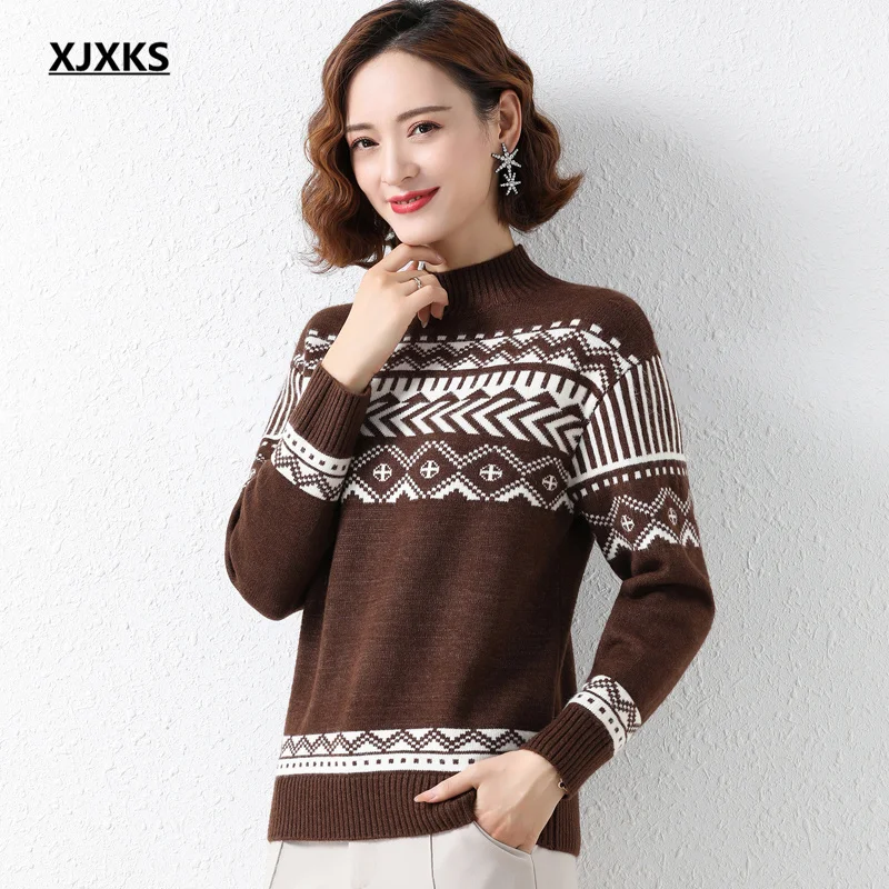 

XJXKS 2021 winter new warm women turtleneck sweater high-end cashmere knitted sweater women printed pullover