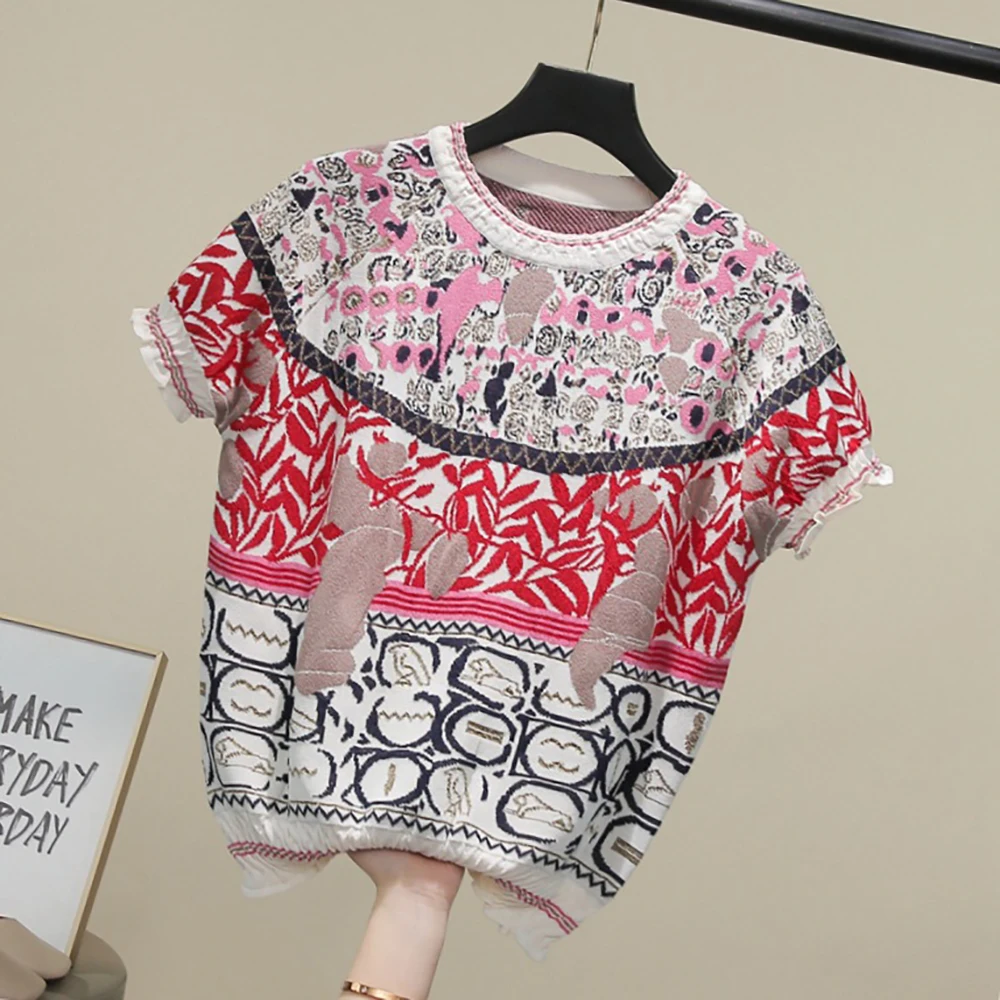 

Korean Style Fashion Ruffles Cuff Ice Silk Knitted Pullover Summer Thin Short Sleeve O-Neck Puff Sleeve Tops Ladies Sweater