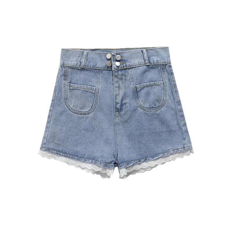 

Pinkou Women Sweet Lace Patchwork Denim Shorts High Waist Pockets Basic Summer Shorts Mujer Pantalones Cortos SA05