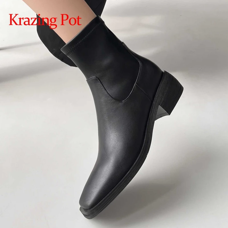 

Krazing Pot genuine leather square toe high heels Chelsea boots concise style retro fashion all-mach winter warm ankle boots L00