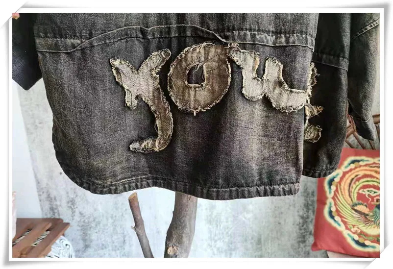

LYUZHE Vintage Patchwork Women Denim Coat 2021 Autumn V-Neck Spliced Female Denim Jacket Plus Size Women Coat Black QDY145