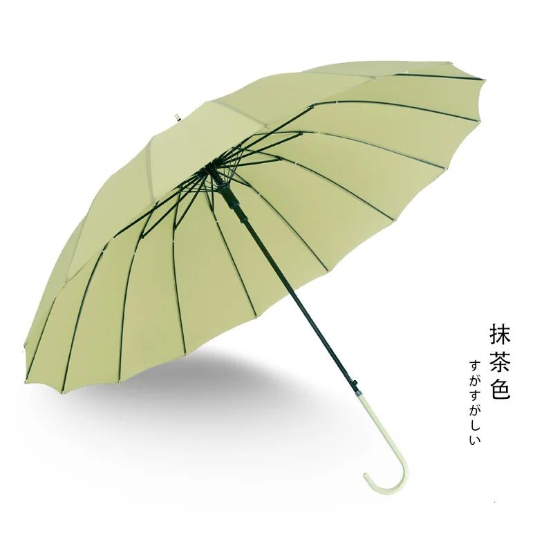 Matcha green Простой 16 к прямой зонтик, сплошной цвет, Япония, маленький свежий зонтик с длинной ручкой, креативный Зонт с кожаной ручкой, ретро зонтик - Цвет: Matcha green