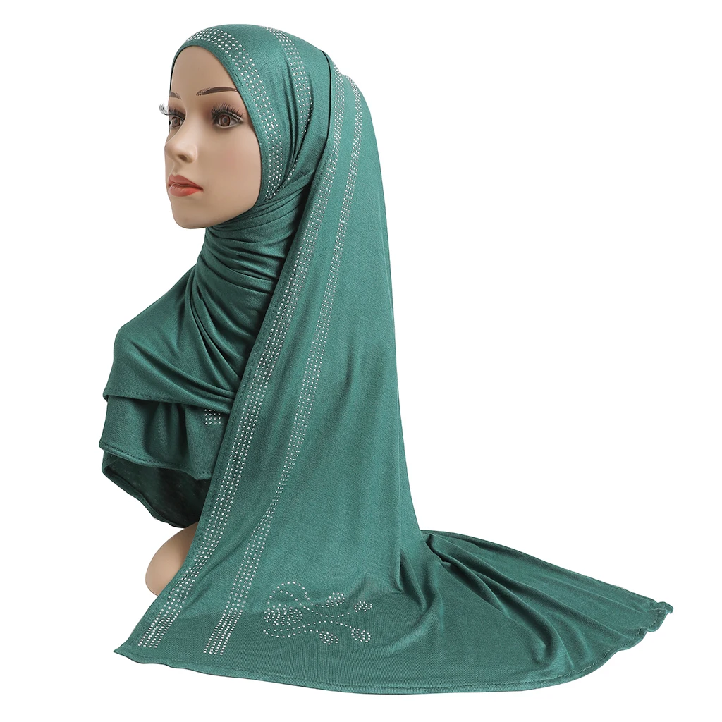 

H200 fashion modal elastic jersey cotton long scarf with rhinestones islam hijab womens headwrap rectangular shawl