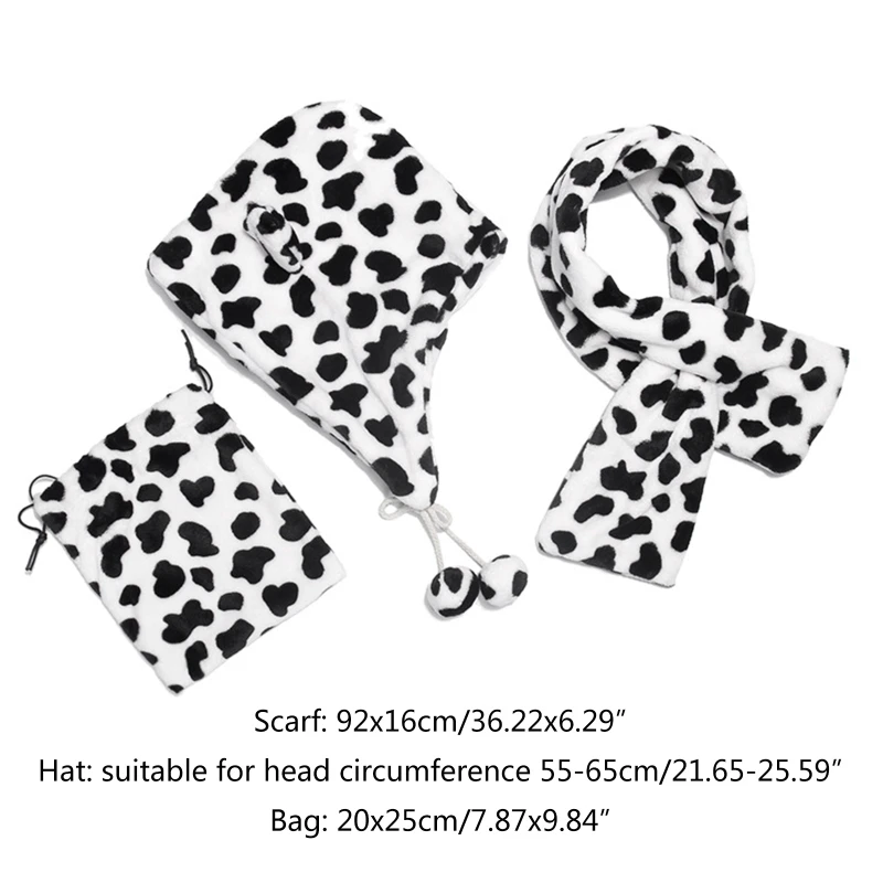 

Women Winter Fuzzy Fluffy Warm Hoodie Earflap Cap Cross Collar Scarf Drawstring Storage Bag Cute Cow Print Ear Warmer