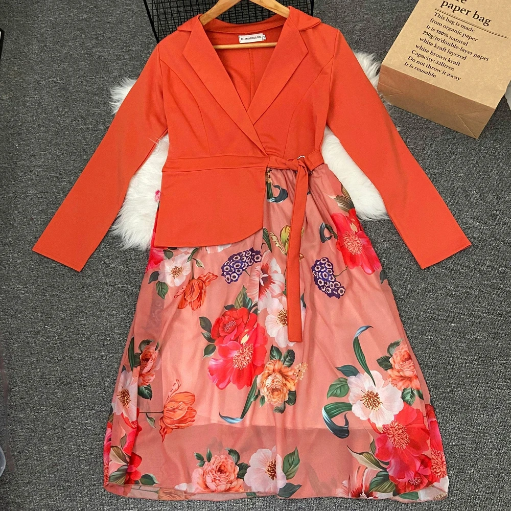 

Color Block Office Dress Midi Elegant Fake Two Pieces Blazers Floral Print Fall Summer Dresses Belt Women's Dresses Suit Collar