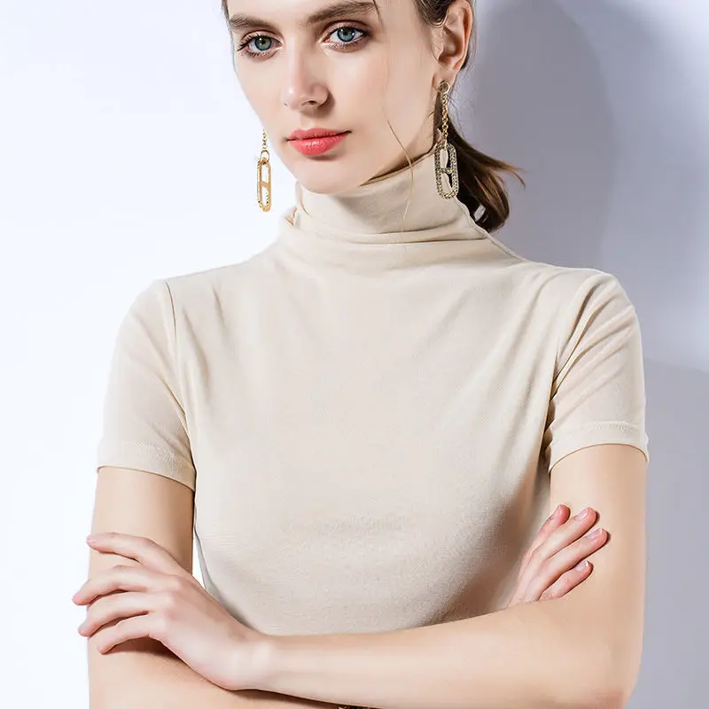 

Greaty 2021 Women's Plain T-Shirt Blouses Slim Fitted Half Sleeve Top Neck Layering Fall Cute Tee Tops