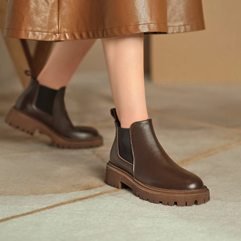 

Женские кожаные ботинки с круглым носком, однотонные ботильоны на толстом каблуке и платформе, повседневные ботинки на массивной подошве, в...