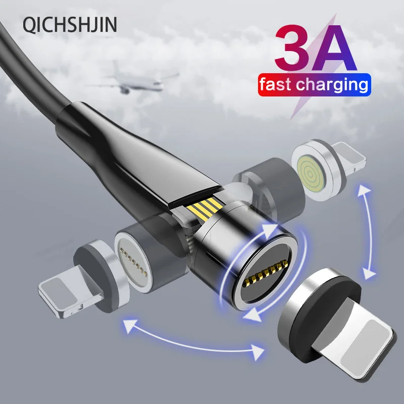 QICHSHJIN вращающийся на 540 градусов Магнитный USB кабель Быстрая зарядка 3A для iPhone 11 Xs