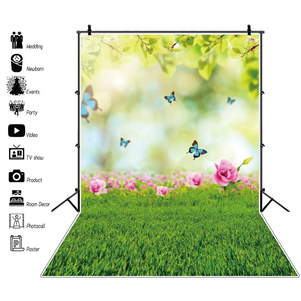 

Spring Flower Sunlight Grassland Easter Butterfly Photography Background Baby Birthday Portrait Photocall Backdrop Photo Booth