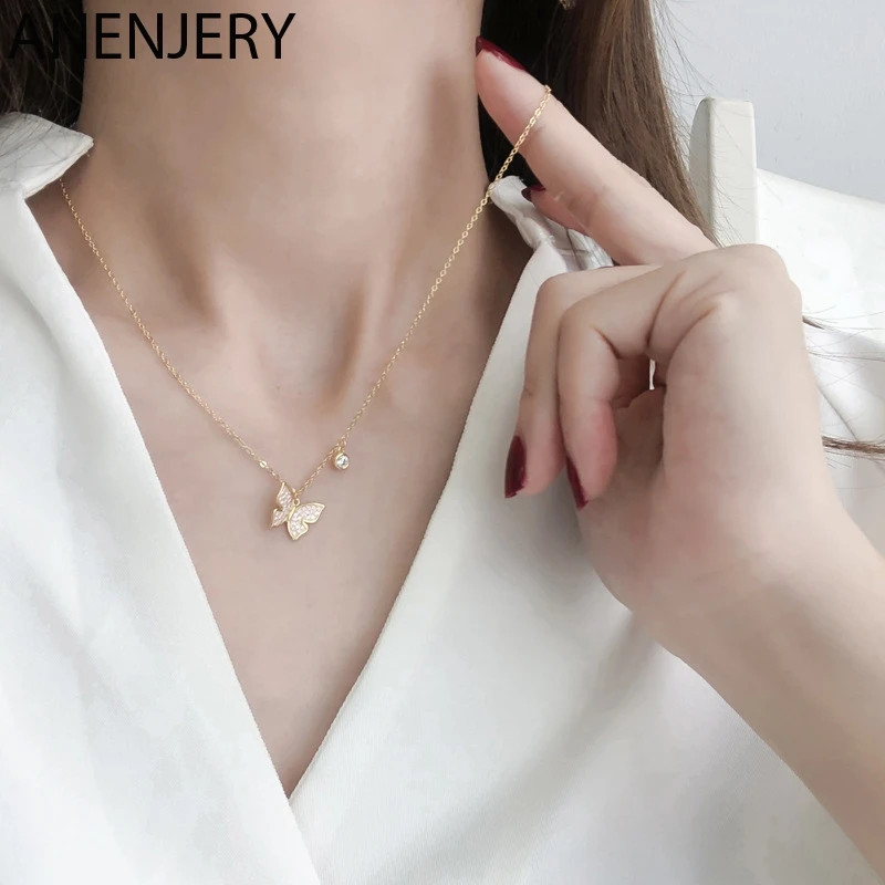 

GOLDRIA 925 Sterling Silver Butterfly Clavicle Chain Necklace For Women Micro-inlaid Shiny Zircon Jewelry Gifts S-N744