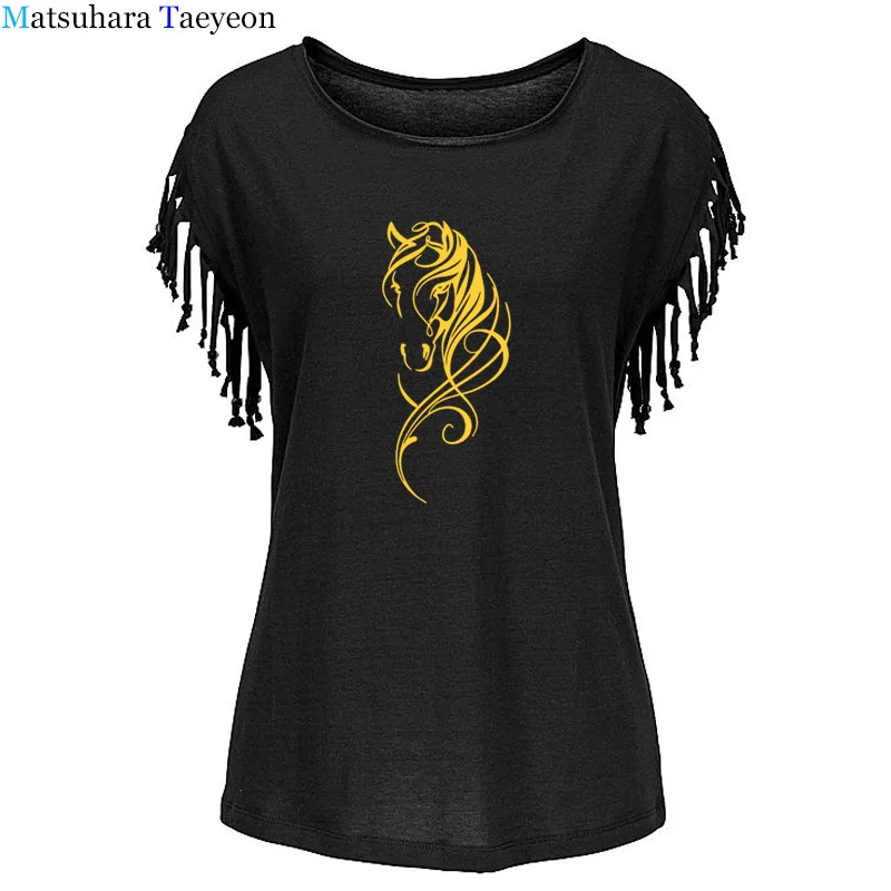 

Женская футболка с принтом лошади, с коротким рукавом, забавные летние топы, уличная одежда, женская модная футболка с кисточками