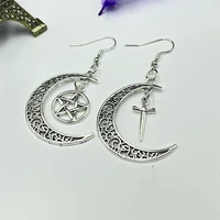 pentagram crescent earrings moon and star earrings sword pagan earrings wand wand earrings pentagram moon