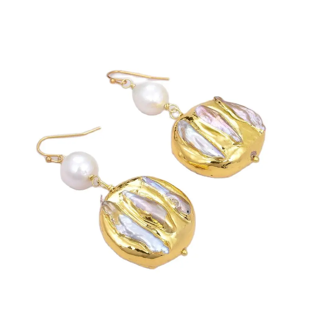 

GG Jewelry Natural Cultured White keshi Baroque Pearl Biwa Pearl Nugget Dangle Hook Earrings Classic Style For Women