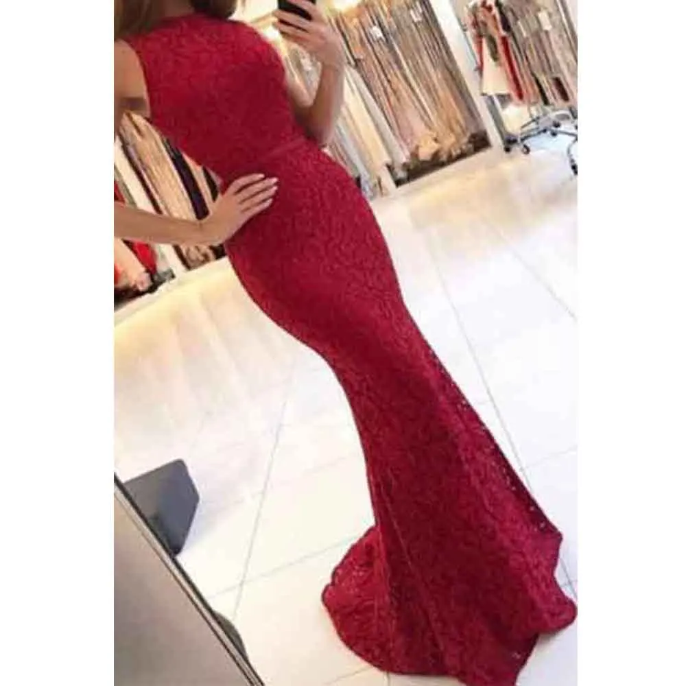 

Red Mermaid Evening Dresses Long 2021 O-Neck Elegant Lace High Quality Prom Gowns Vintage Sexy Bodice Custom robes de soirée