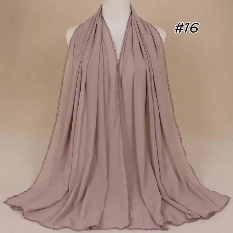 16 Light Khaki Женский шифоновый шарф с кружевными краями, мусульманский хиджаб, Весенняя флористическая накидка, шали, обычная длинная повязка на голову, женские шарфы из пашмины - Цвет: 16 Light Khaki