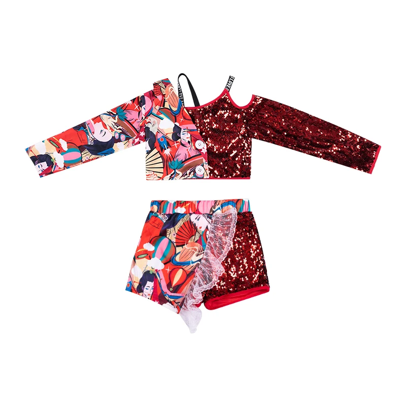 

Kids Street Dance Fashion Costumes Children Jazz Dance Red Sequin Clothing Girls Catwalk Show Clothes Hiphop Skirt/Pants DQL4799