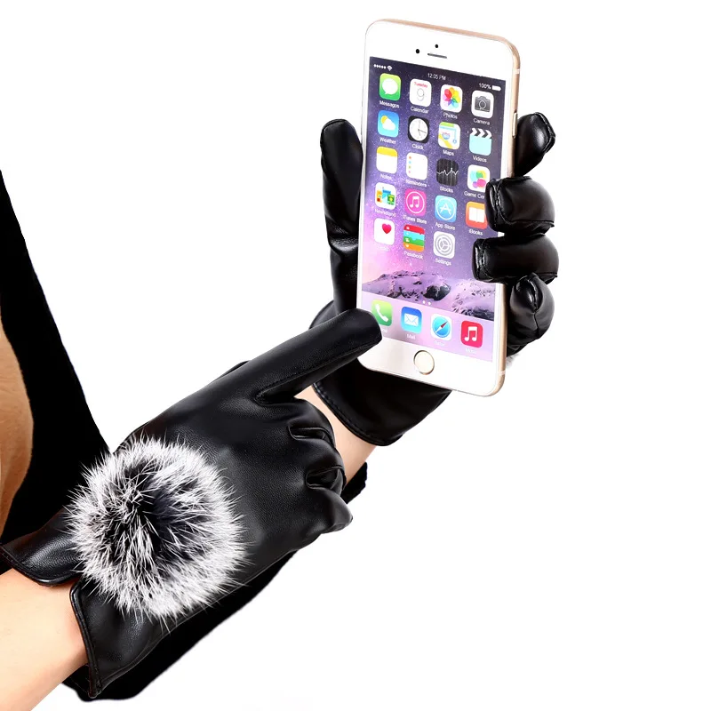 Зима теплая рукавица женщины искусственная кожа мех кролика шары женские перчатки причинно наручные мягкая покрыты езда Finger бархатных перчатках варежки