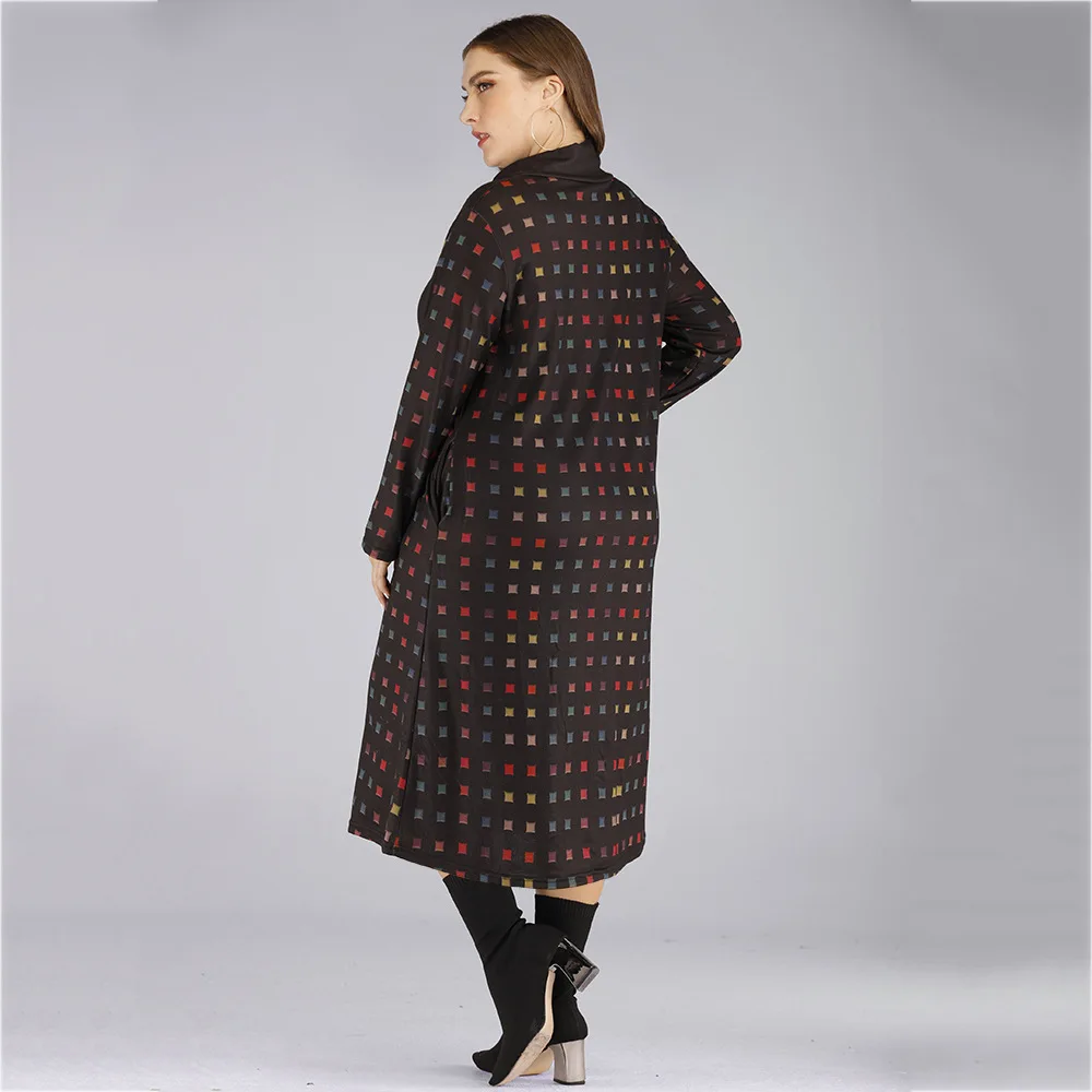 

Women Long Sleeve Dress Elegant Stand Collar Plus Size Dress Ladies Sexy V-Neck High Waist Geometric Print Casual Dresses TA699