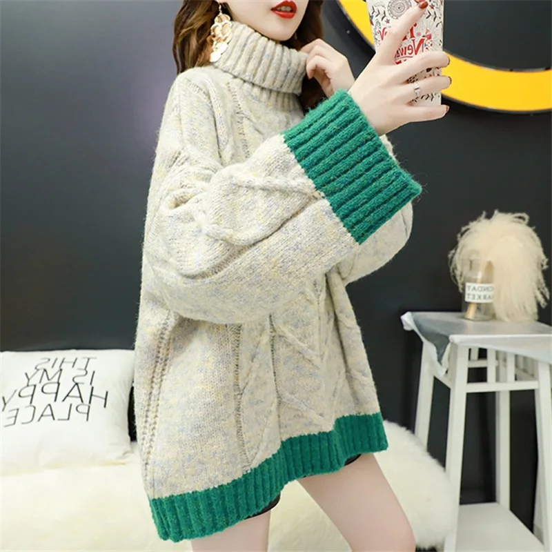 

Knitted Basic Sweater Pullover Turtleneck Patchwork Long Sleeves Women Autumn Winter Fashion Casual Warm Soft Tops