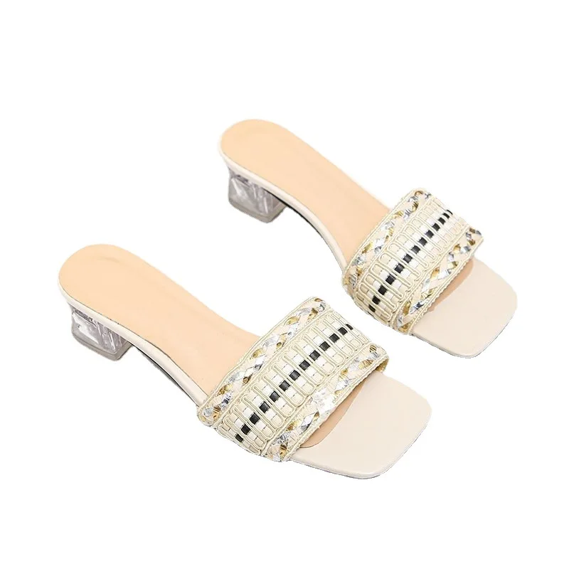 

New Style 2021 Mid-heel Square Root Woven Large Size 35-43 Size Fashion All-match Ladies Summer Slippers