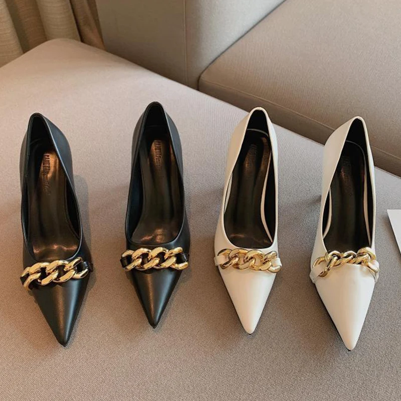 

Туфли-лодочки женские на шпильке, заостренный носок, металлическая цепочка, модные сандалии, весна-осень 2022