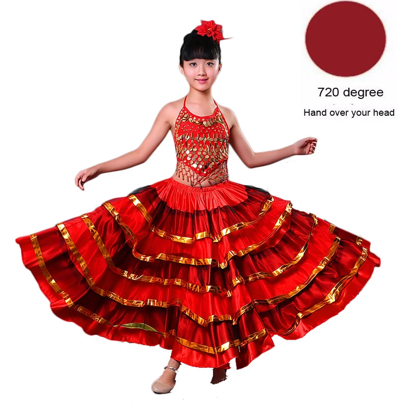 Color2720degree Высококачественная сатиновая Мягкая красная черная юбка для девочек-подростков, испанское фламенко, полосатая шикарная одежда для бальных танцев, сценическое платье - Цвет: Color2720degree