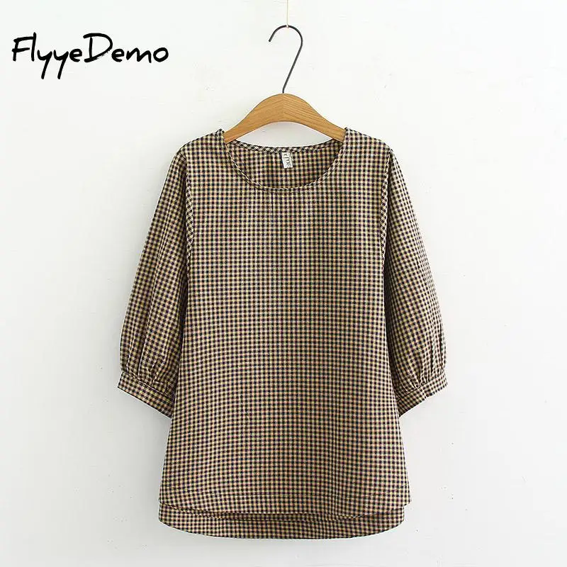 6XL в винтажном стиле с круглым вырезом Блуза клетку для женщин пышными рукавами