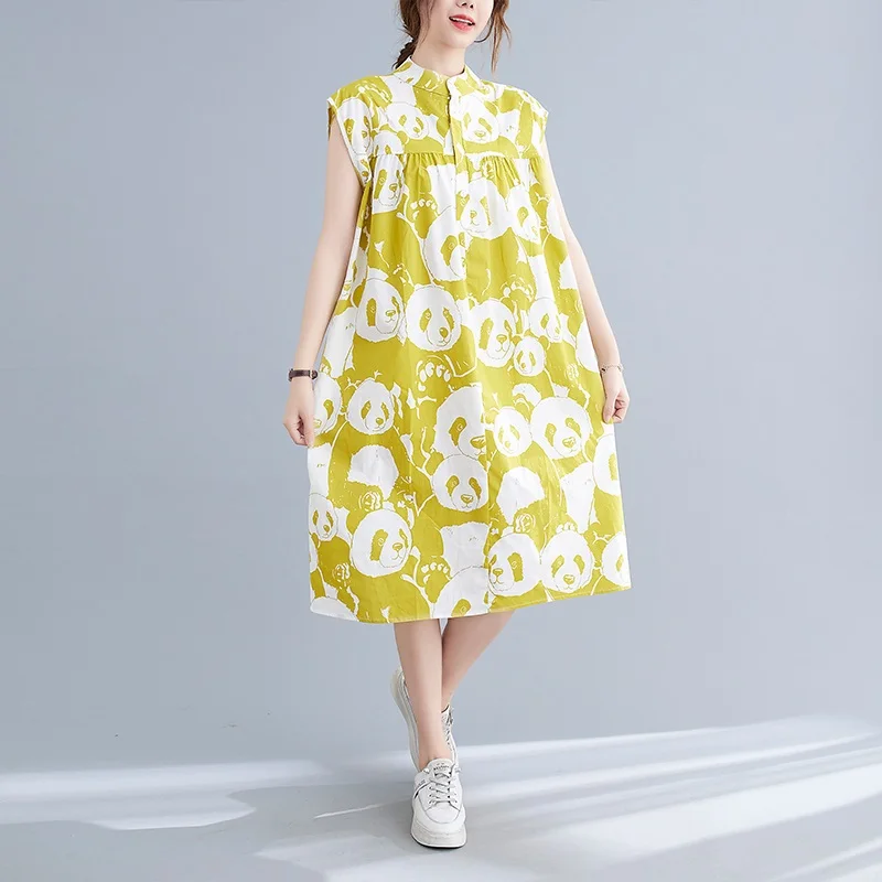 

Anteef sleeveless cotton vintage panda animal print dresses for women casual loose midi woman summer dress elegant clothes 2021