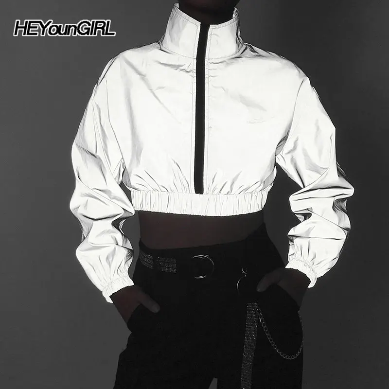 Серый HEYounGIRL Reflective Harajuku Cropped Jacket Hip Hop Casual Coats Women Long Sleeve Loose Windbreaker Korean Autumn Streetwear - Цвет: Серый