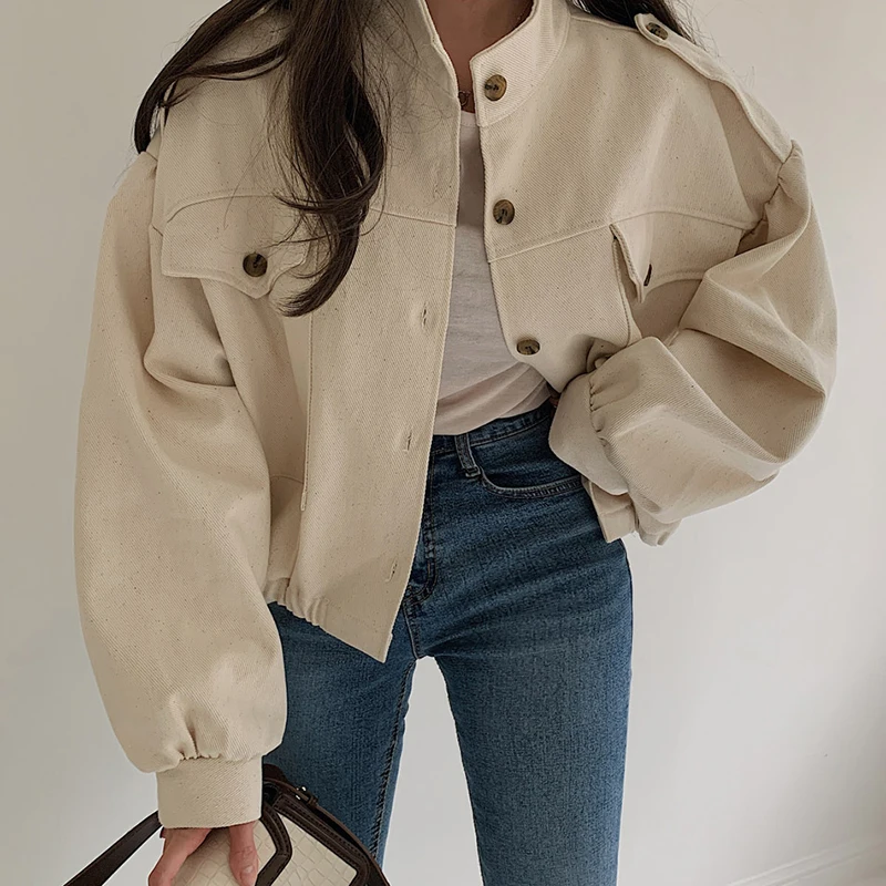 

2021 Spring Autumn Short Coats Outerwear Long Sleeve Cute Fashion Solid Single Breasted Button Crop Korean Short Jackets