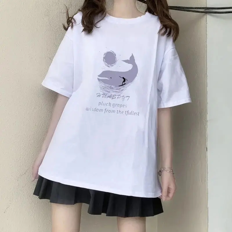 

T-shirt whale print women short sleeved dark street loose summer tops punk girl tshirt Anime clothing album apparel vintage tee