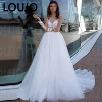 luojo long sleeves wedding dresses boho scoop neck a line applique tulle princess wedding gown for bride robe vestidos de novia