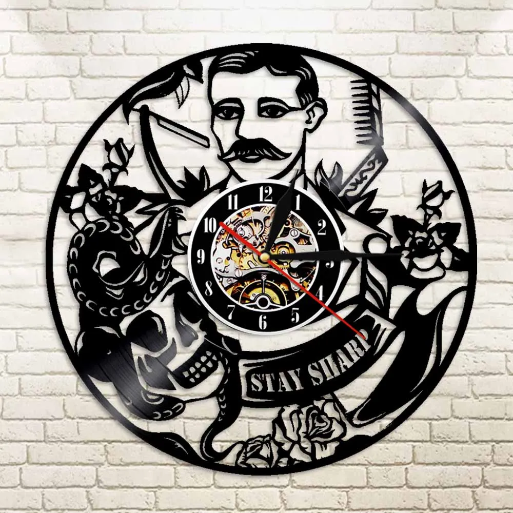 Настенные часы для парикмахерской винтажные виниловые с пластинками в подарок