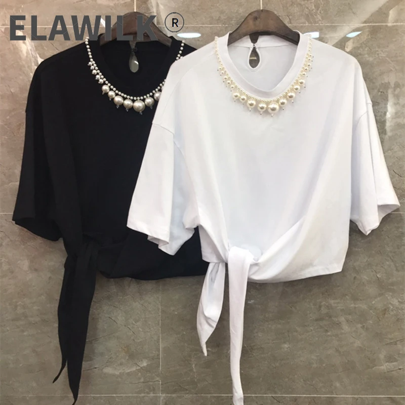 

2021 Spring Summer Women's High quality pearls beading T-shirts A627