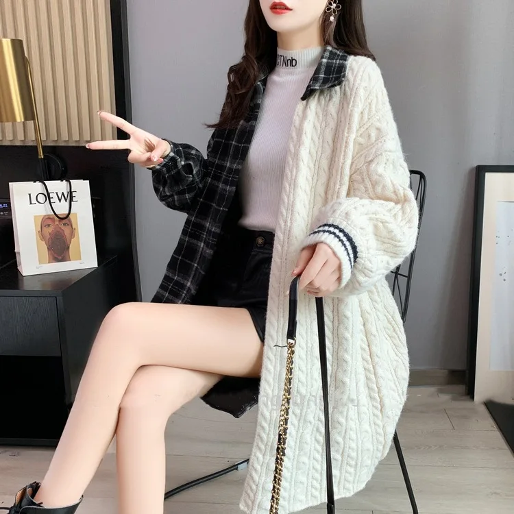 

Stitching Sweater Cardigan Women's Mid-Length 2020 New Autumn Loose Outer Wear Casual Knitted Jacket
