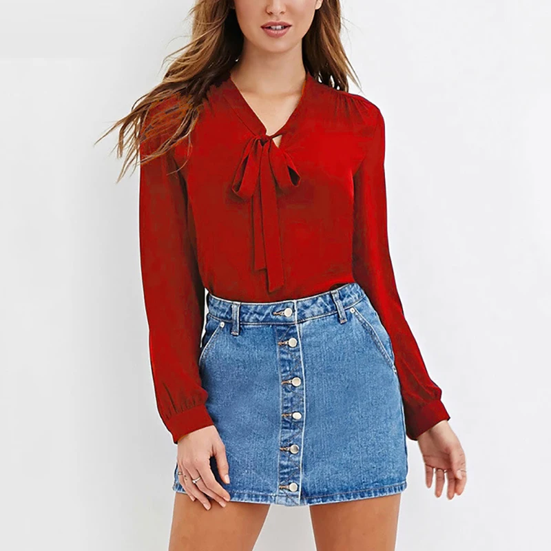 Весенняя женская шифоновая блузка с длинным рукавом и бантом элегантные офисные