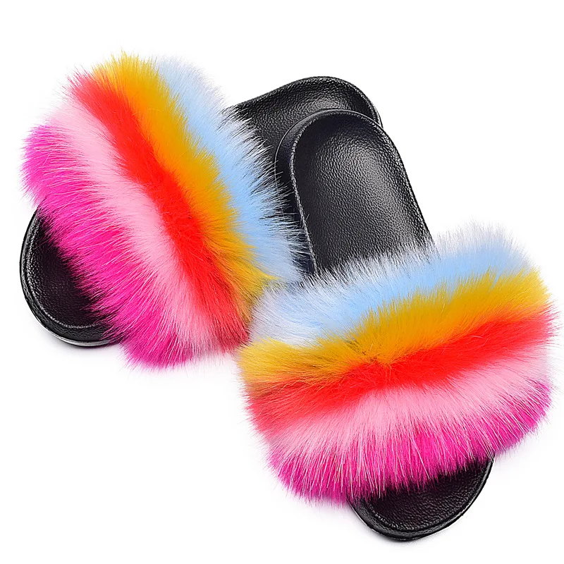

Faux Fox Fur Slippers Women Fur Raccoon Fluffy Slippers Furry Summer Flat Sweet Ladies Shoes Large Fur Slides Free Shipping