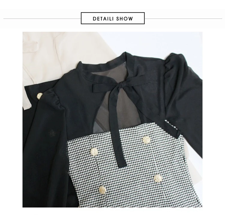 

2021 Spring Slim Double-Breasted Bodycon Club Dress Chiffon Patchwork Bowknot Mini Sheath Long Sleeved Plaid Sexy Women's Cloth