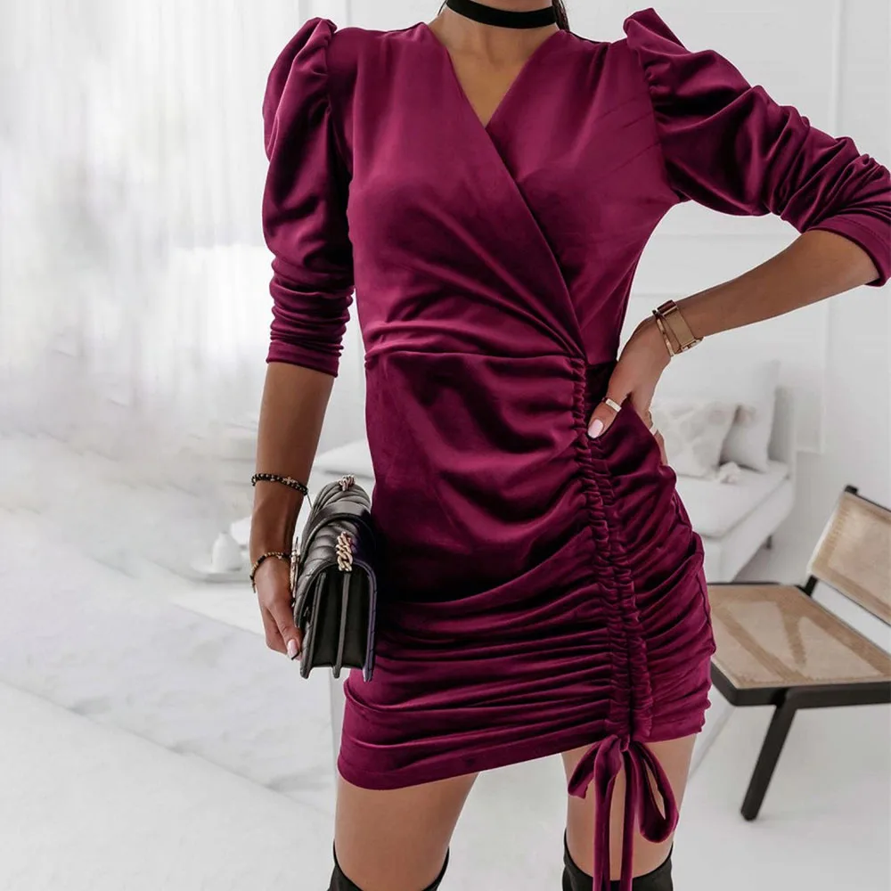 

Women's New Autumn Dress Commuter Simple Fashion Trend Style Puff Sleeve Velvet Cloth V-neck Plain Drawstring Waist Dresses