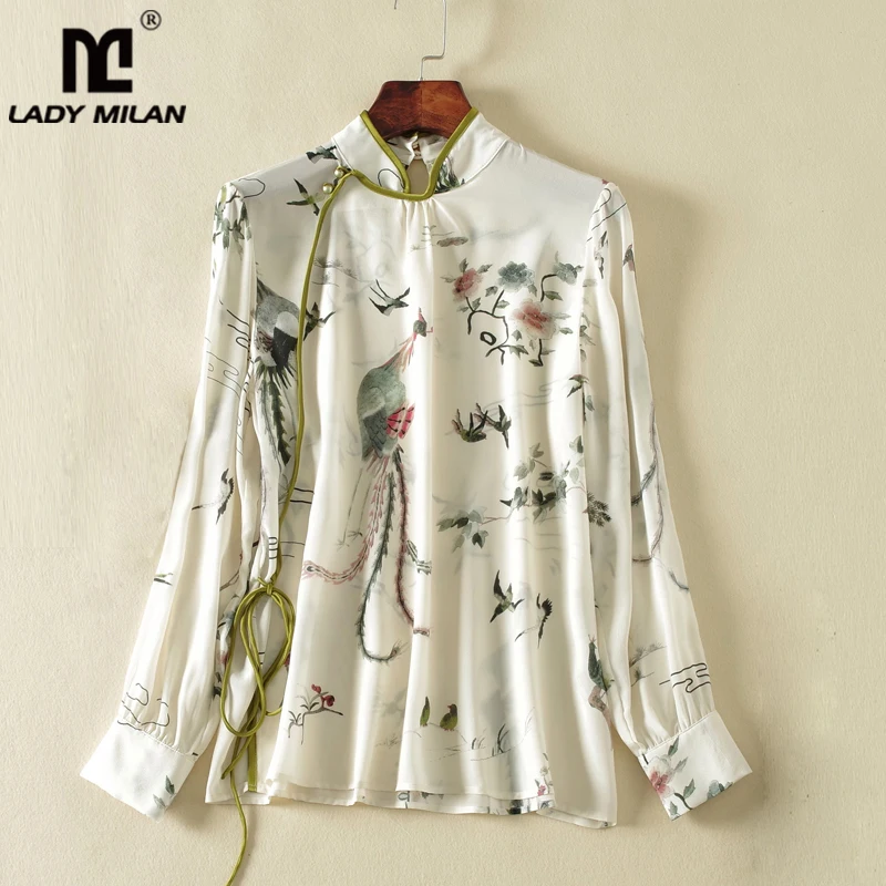 

100% натуральная шелковая женская рубашка с воротником-стойкой и длинными рукавами, винтажная Элегантная блузка с пуговицами и принтом, топы
