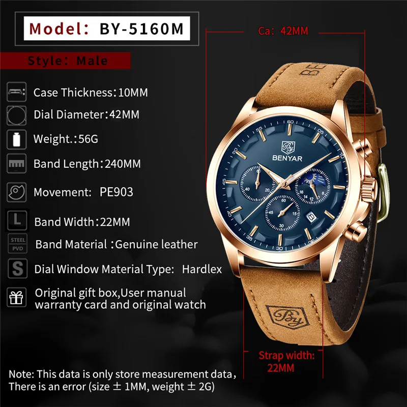 

BENYAR Men's Watches Top Brand Luxury Chronograph Quartz Men Watch Waterproof Moon Phase Business Watches For Men reloj hombre