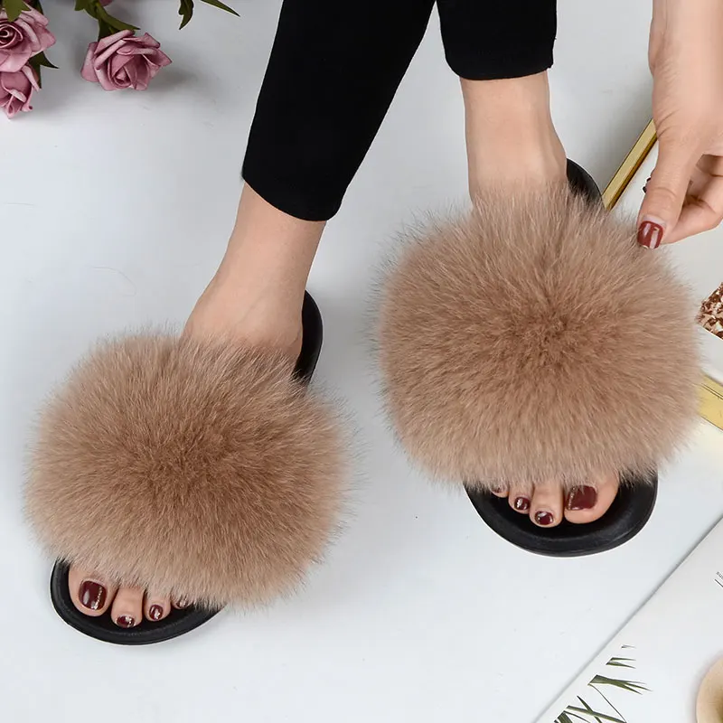 

Women Summer Casual Fluffy Slippers With Fur Flat Non-Slip Real Fox Fur Furry Slides Large Size Shoes Fur Sandals Free Shipping