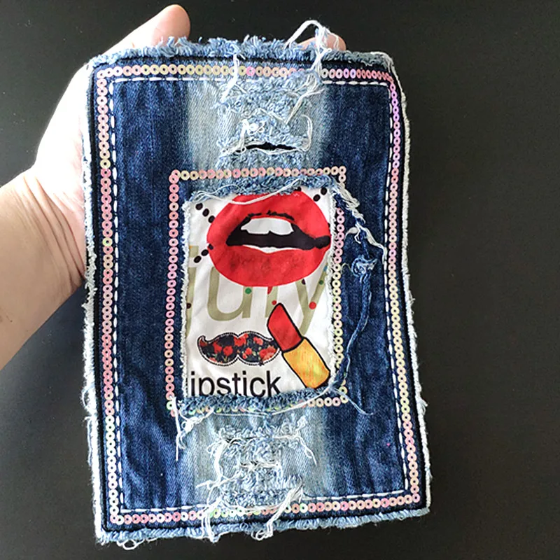 Clothing Women Shirt Top Diy Large Jean Patch Lipstick Sequi