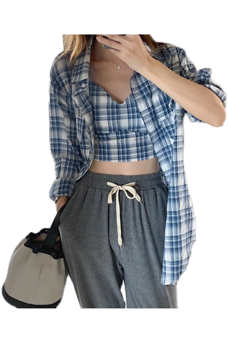 

Short Suspender + Plaid Cardigan Two Piece Shirt Cardigan